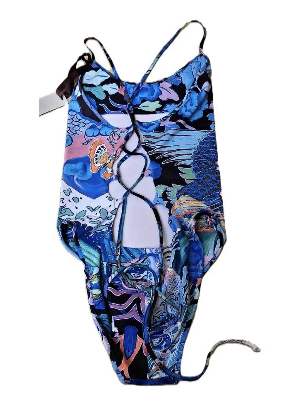 HALE BOB One-piece Swimsuit Lace-up Criss-Cross Back Sz L Black/Blue Multi